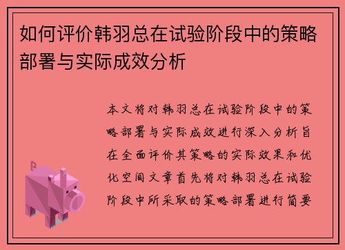 如何评价韩羽总在试验阶段中的策略部署与实际成效分析